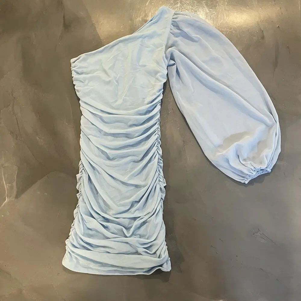 Hello Molly Blue Runched Dress Size 4 One Shoulder Balloon‎ Sleeve Dress Mini - Picture 2 of 8
